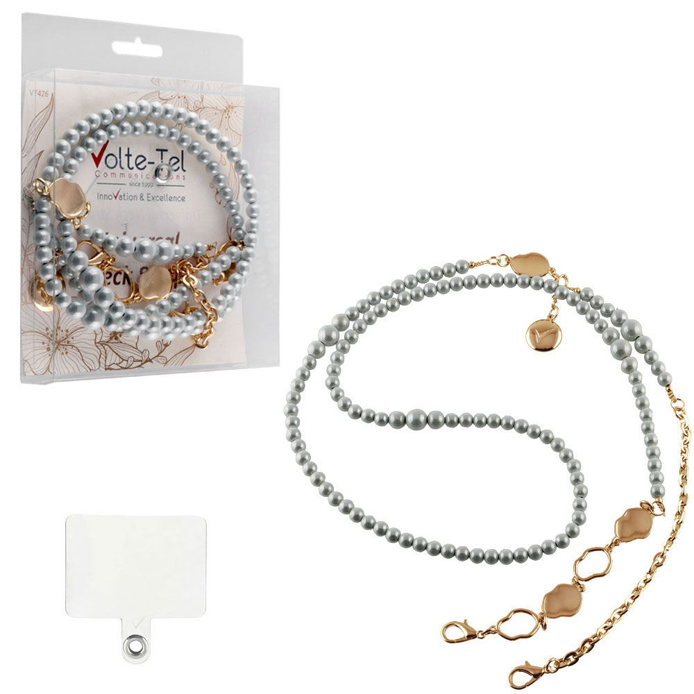 VOLTE-TEL NECK STRAP - ΑΛΥΣΙΔΑ ΛΑΙΜΟΥ ΓΙΑ ΘΗΚΕΣ WHITE PEARLS WITH GOLD CHAIN VT426 130cm