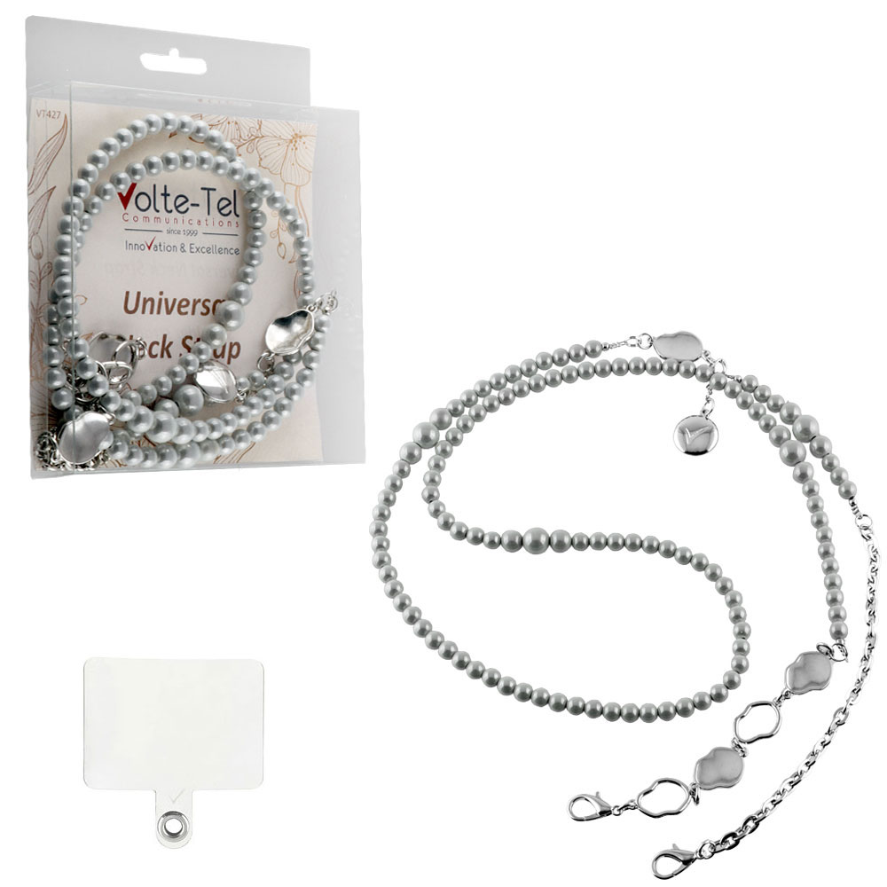 VOLTE-TEL NECK STRAP - ΑΛΥΣΙΔΑ ΛΑΙΜΟΥ ΓΙΑ ΘΗΚΕΣ WHITE PEARLS WITH SILVER CHAIN VT427 130cm
