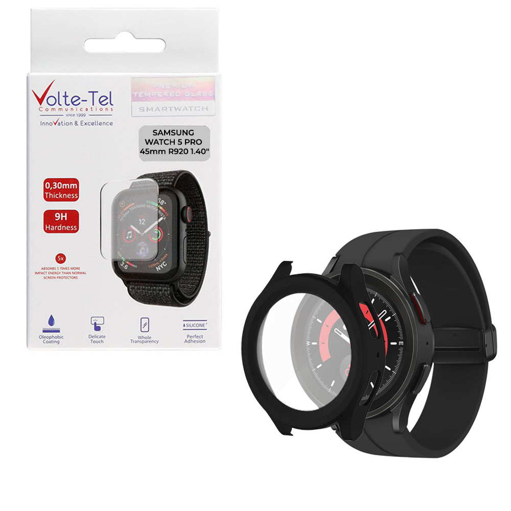 VOLTE-TEL TEMPERED GLASS SAMSUNG WATCH 5 PRO 45mm 1.4" 9H 0.30mm PC EDGE COVER WITH KEY 3D FULL GLUE FULL COVER BLACK