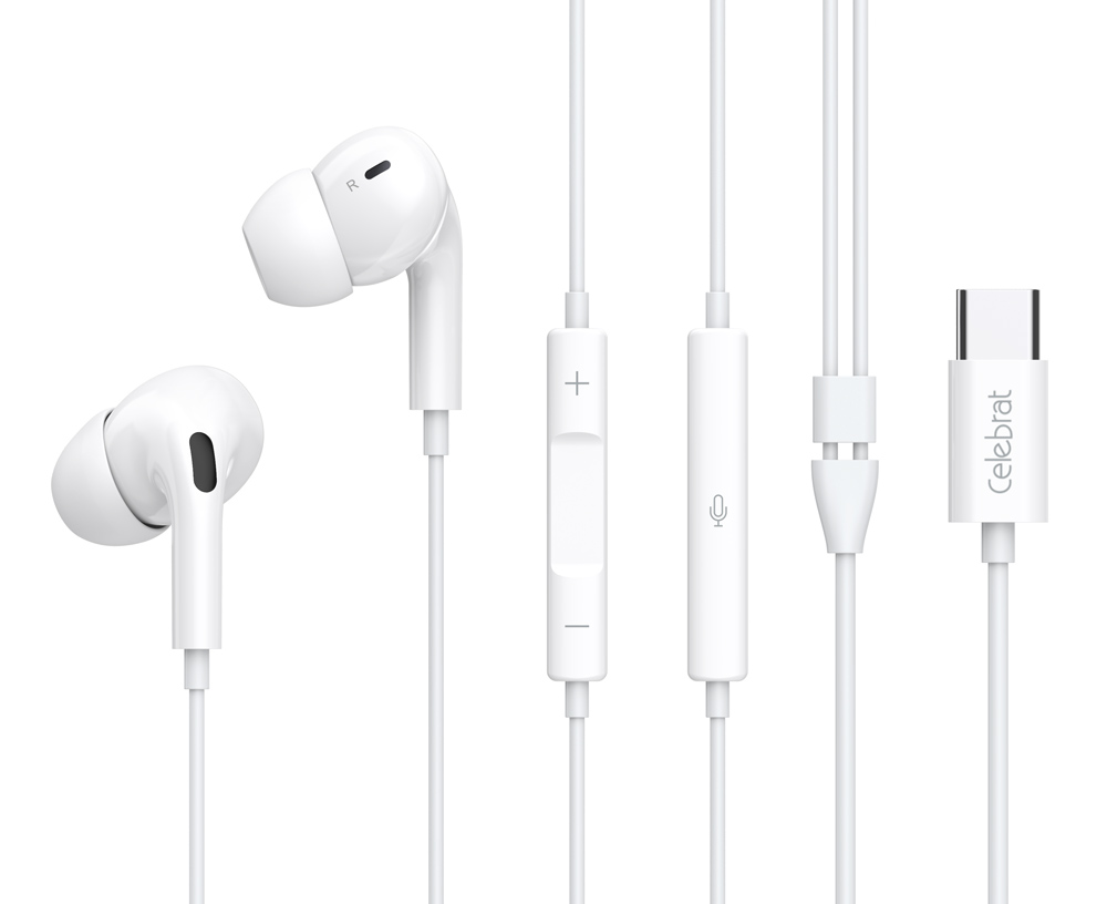 CELEBRAT earphones με μικρόφωνο E300, USB-C σύνδεση, Φ10mm, 1.2m, λευκά