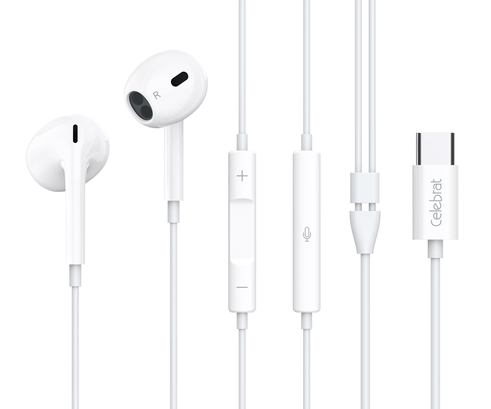 CELEBRAT earphones με μικρόφωνο E400, USB-C σύνδεση, Φ14mm, 1.2m, λευκά
