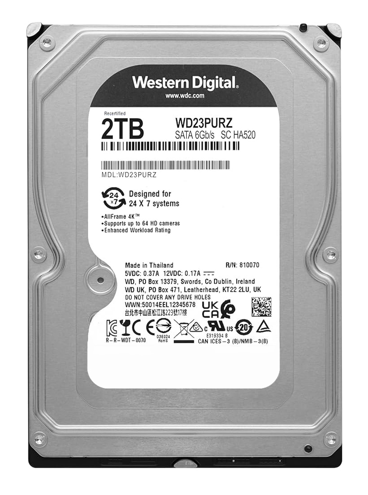 WD σκληρός δίσκος 3.5" Purple Surveillance 2TB, 64MB, 5400RPM, 6Gb/s, FR