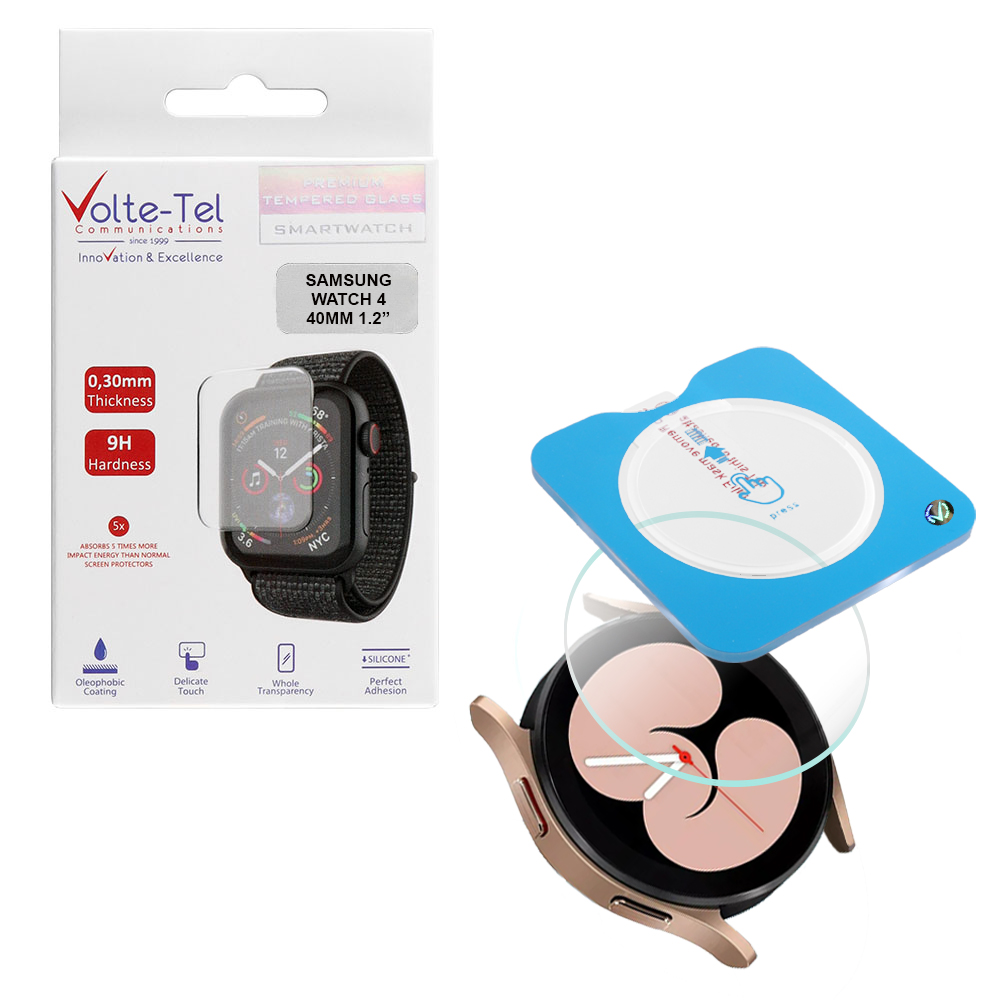 VOLTE-TEL TEMPERED GLASS SAMSUNG WATCH 4 40mm 1.2" 9H 0.30mm 2.5D EASY APPLICATION FULL GLUE FULL COVER TRANSPARENT