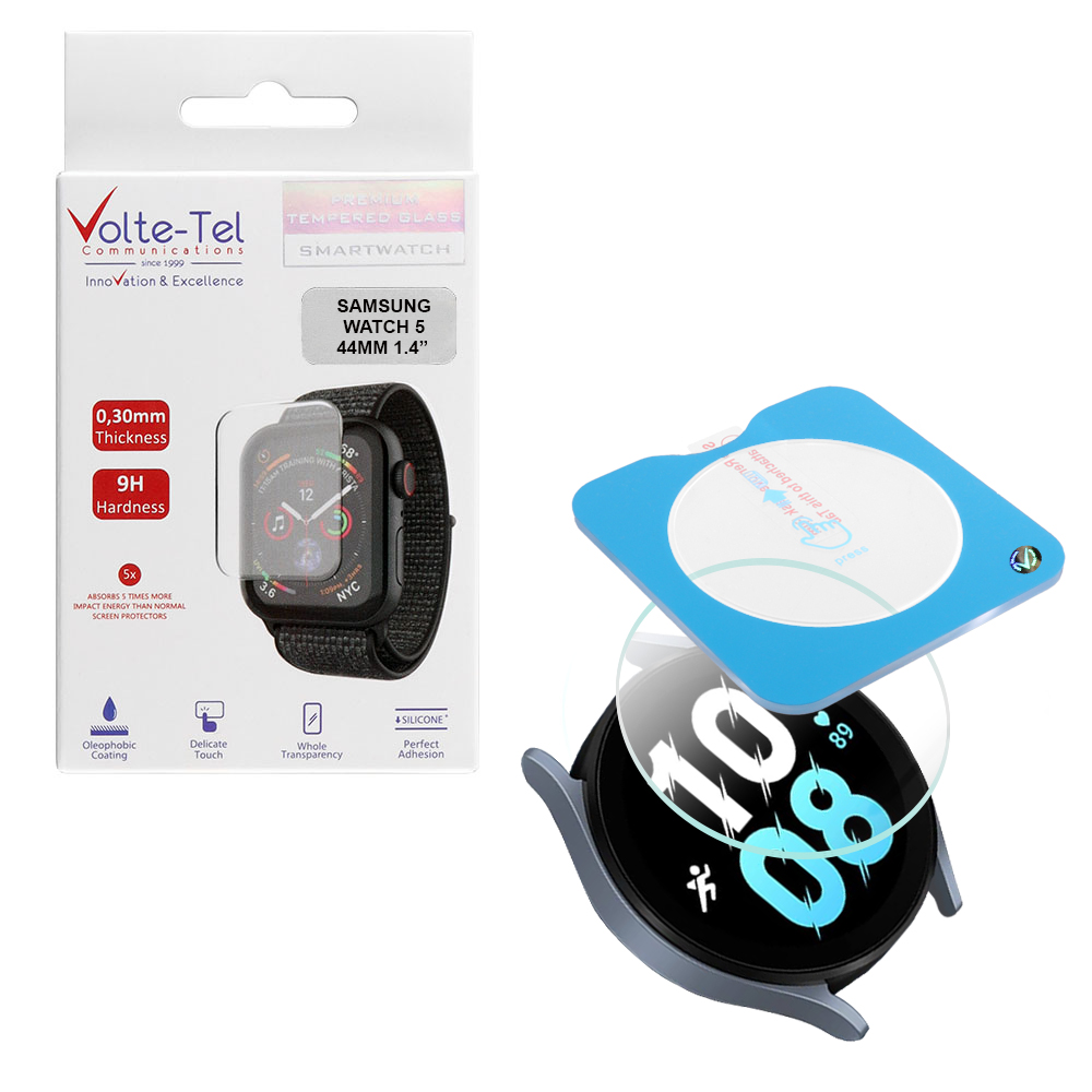 VOLTE-TEL TEMPERED GLASS SAMSUNG WATCH 5 44MM 1.4" 9H 0.30mm 2.5D EASY APPLICATION FULL GLUE FULL COVER TRANSPARENT