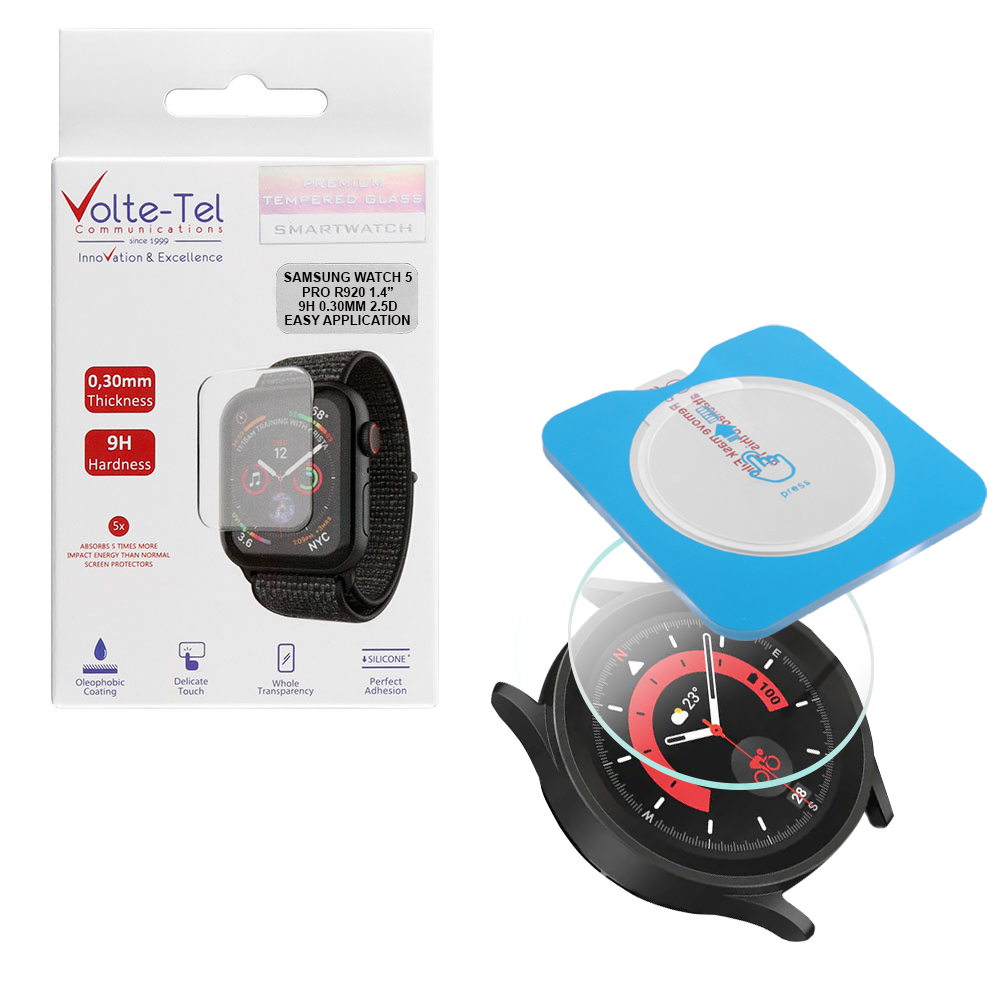 VOLTE-TEL TEMPERED GLASS SAMSUNG WATCH 5 PRO 45mm 1.4" 9H 0.30mm 2.5D EASY APPLICATION FULL GLUE FULL COVER TRANSPARENT