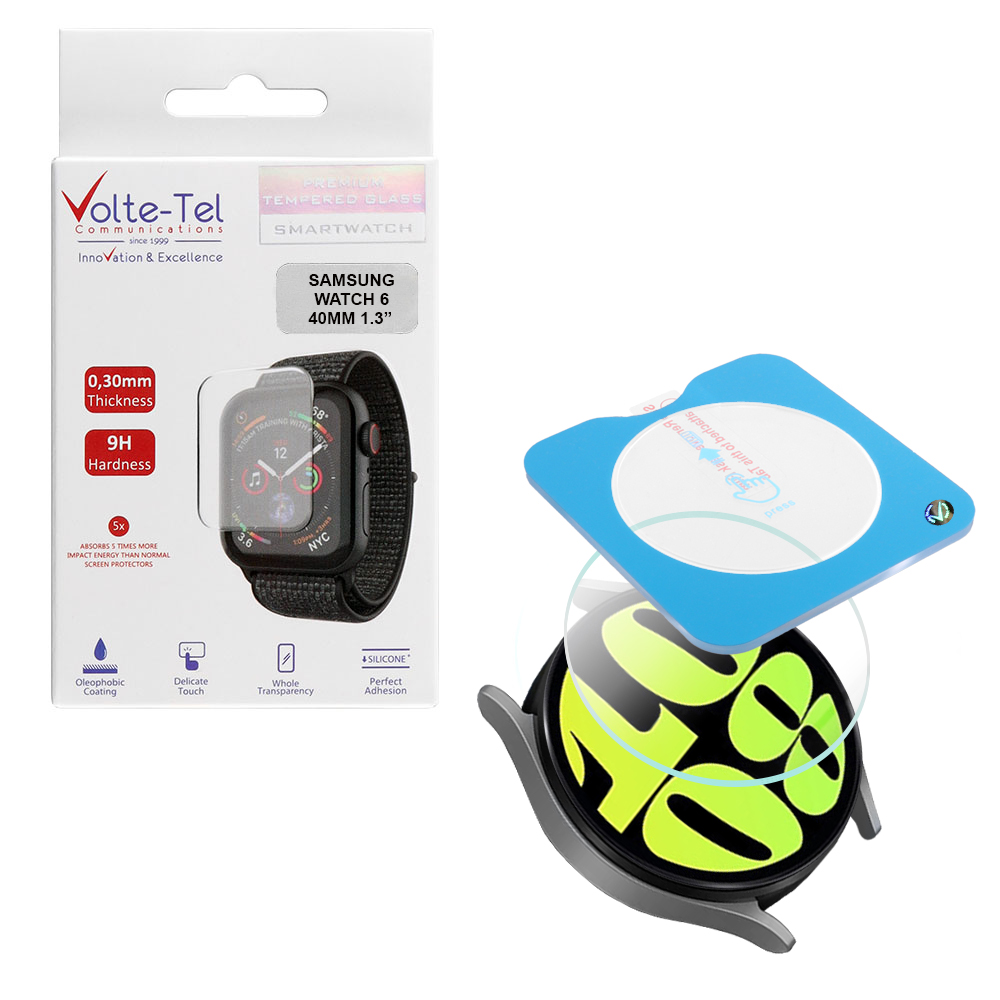 VOLTE-TEL TEMPERED GLASS SAMSUNG WATCH 6 40MM 1.3" 9H 0.30mm 2.5D EASY APPLICATION FULL GLUE FULL COVER TRANSPARENT