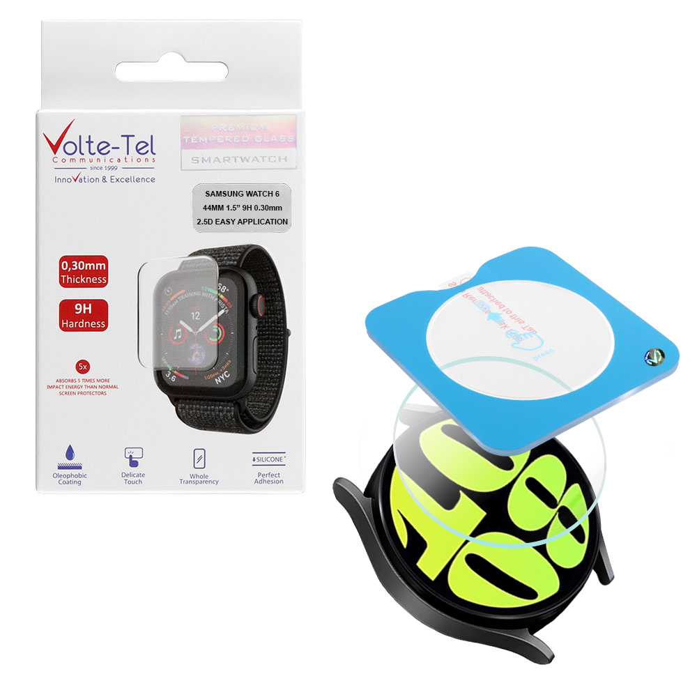 VOLTE-TEL TEMPERED GLASS SAMSUNG WATCH 6 44MM 1.5" 9H 0.30mm 2.5D EASY APPLICATION FULL GLUE FULL COVER TRANSPARENT