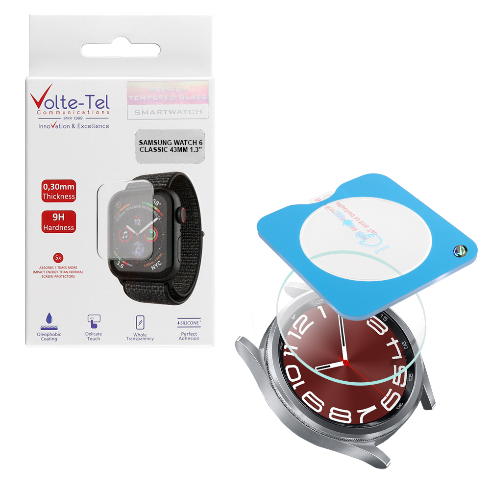 VOLTE-TEL TEMPERED GLASS SAMSUNG WATCH 6 CLASSIC 43MM 1.3" 9H 0.30mm 2.5D EASY APPLICATION FULL GLUE FULL COVER TRANSPARENT
