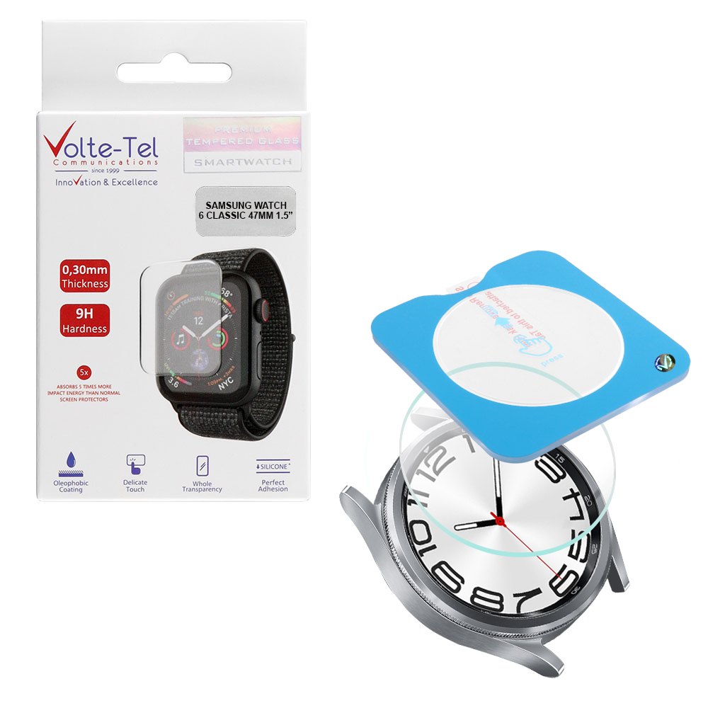 VOLTE-TEL TEMPERED GLASS SAMSUNG WATCH 6 CLASSIC 47MM 1.5" 9H 0.30mm 2.5D EASY APPLICATION FULL GLUE FULL COVER TRANSPARENT
