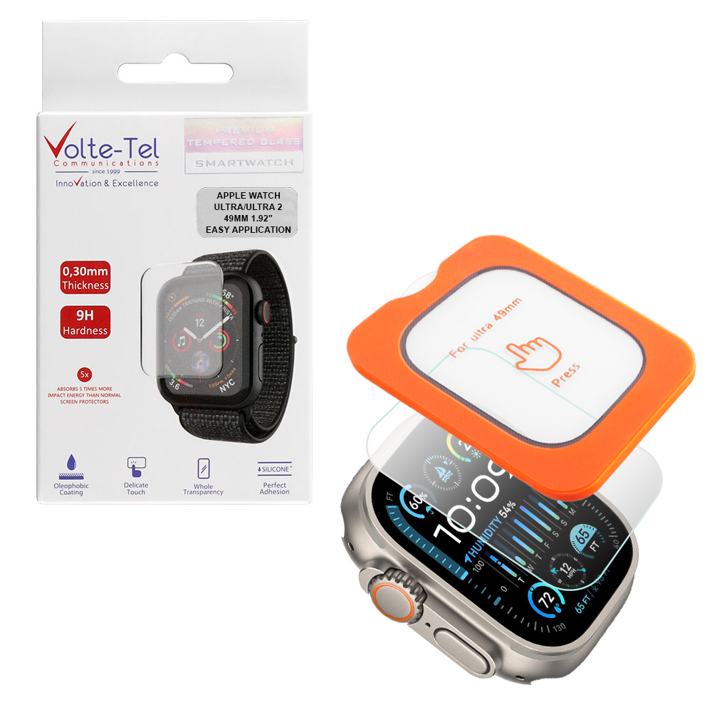 VOLTE-TEL TEMPERED GLASS APPLE WATCH ULTRA/ULTRA 2 49mm 1.92" 9H 0.30mm 2.5D EASY APPLICATION FULL GLUE FULL COVER BLACK