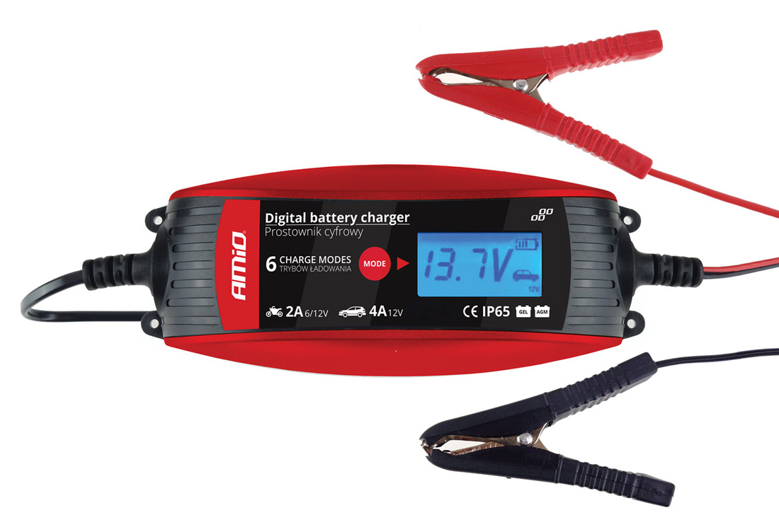 AMIO Ψηφιακός φορτιστής μπαταριών οχημάτων 02088, 6V/12V, 2A/4A