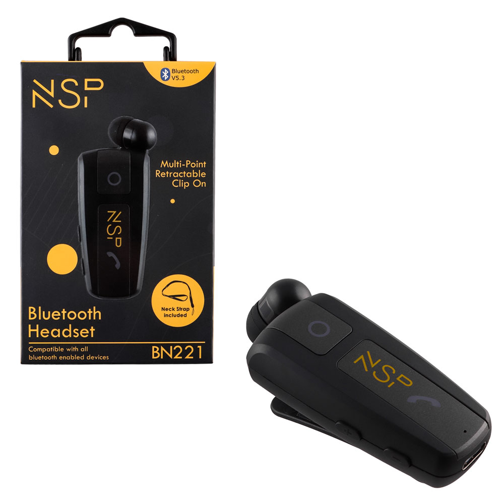 NSP BLUETOOTH BN221 RETRACTABLE CLIP ON HEADSET V5.3 (2 ΣΥΣΚΕΥΩΝ) VIBRATION + ANTI-LOST + STRAP BLACK