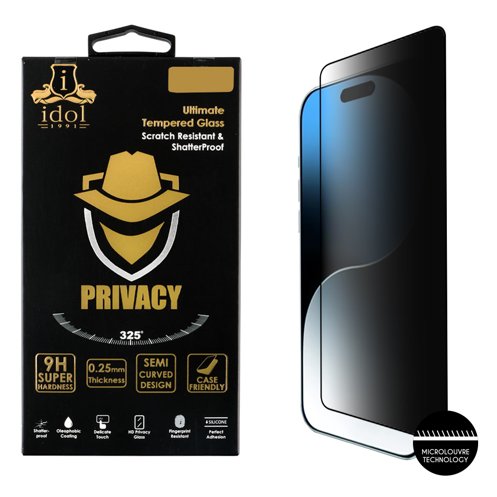 IDOL 1991 TEMPERED GLASS IPHONE 16 PRO MAX 6.9" 9H 0.25mm PRIVACY ANTISPY SEMI CURVED FULL GLUE BLACK