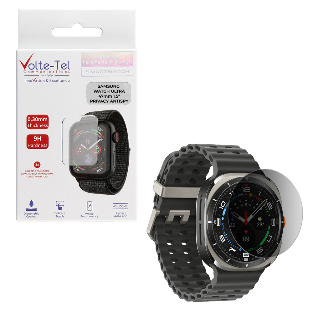 VOLTE-TEL TEMPERED GLASS SAMSUNG GALAXY WATCH ULTRA 47mm 1.5" 9H 0.30mm PRIVACY ANTISPY FULL GLUE BLACK