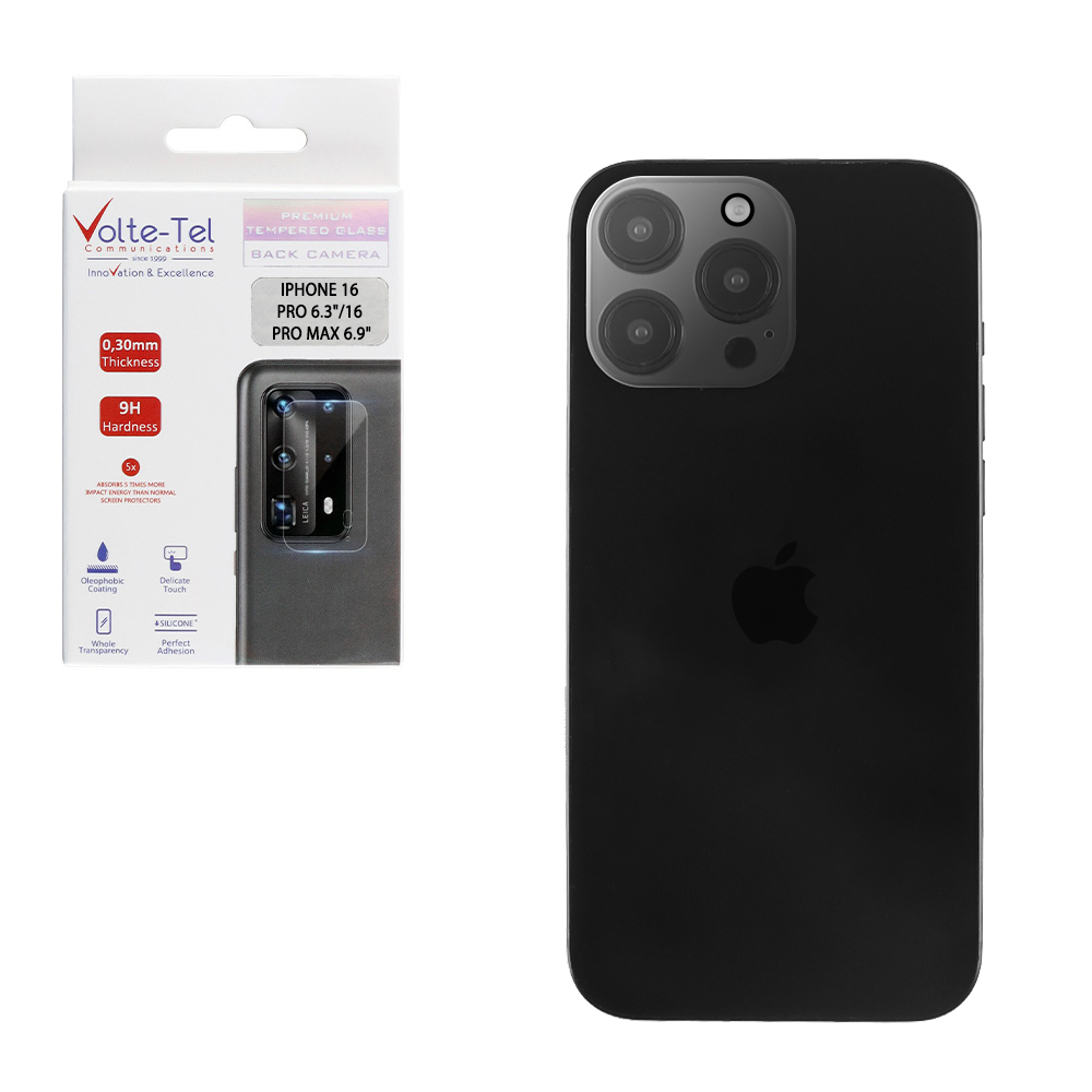 VOLTE-TEL TEMPERED GLASS IPHONE 16 PRO 6.3"/16 PRO MAX 6.9" 9H 0.25mm 3D CURVED FOR CAMERA TRANSPARENT