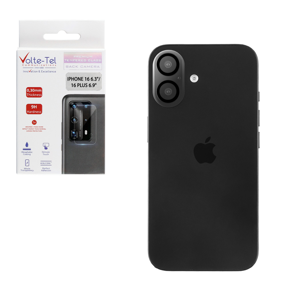 VOLTE-TEL TEMPERED GLASS IPHONE 16 6.1"/16 PLUS 6.9" 9H 0.25mm 3D CURVED FOR CAMERA BLACK