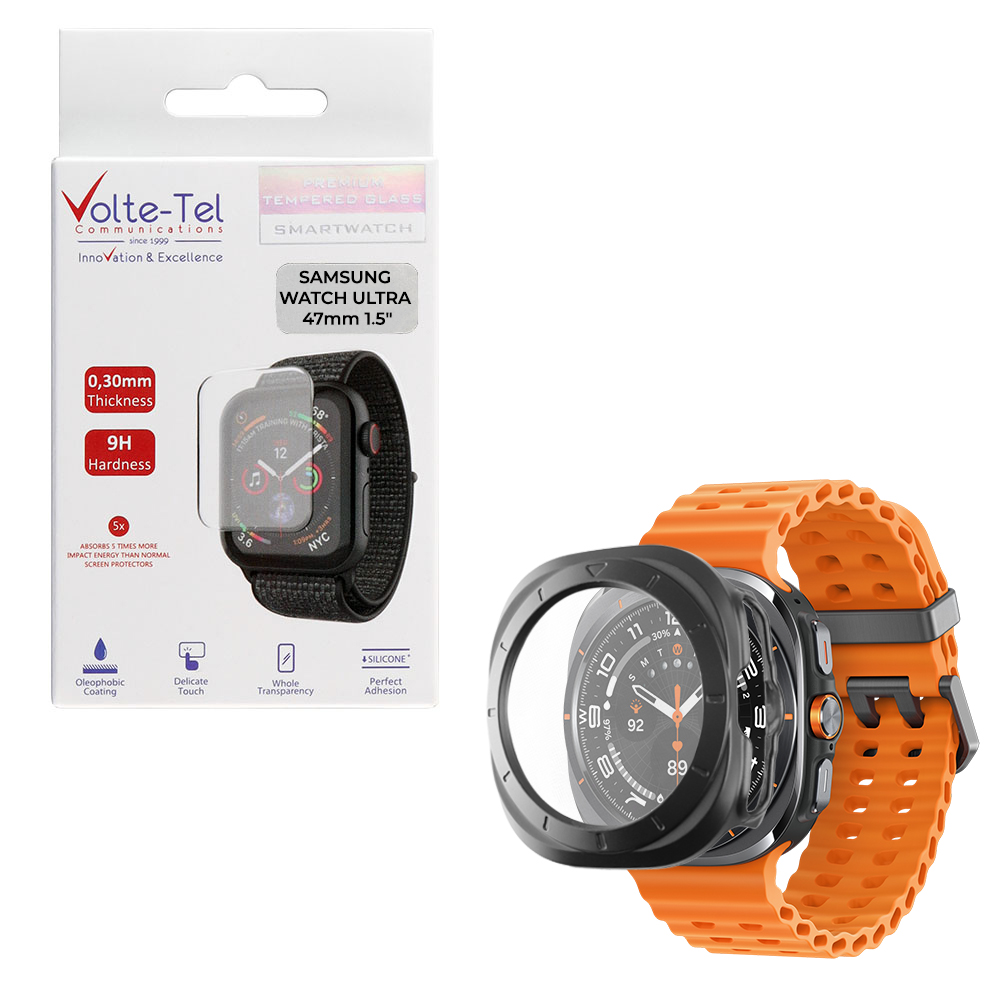 VOLTE-TEL TEMPERED GLASS SAMSUNG GALAXY WATCH ULTRA 47mm 1.5" 9H 0.30mm PC EDGE COVER WITH KEY 3D FULL GLUE FULL COVER BLACK