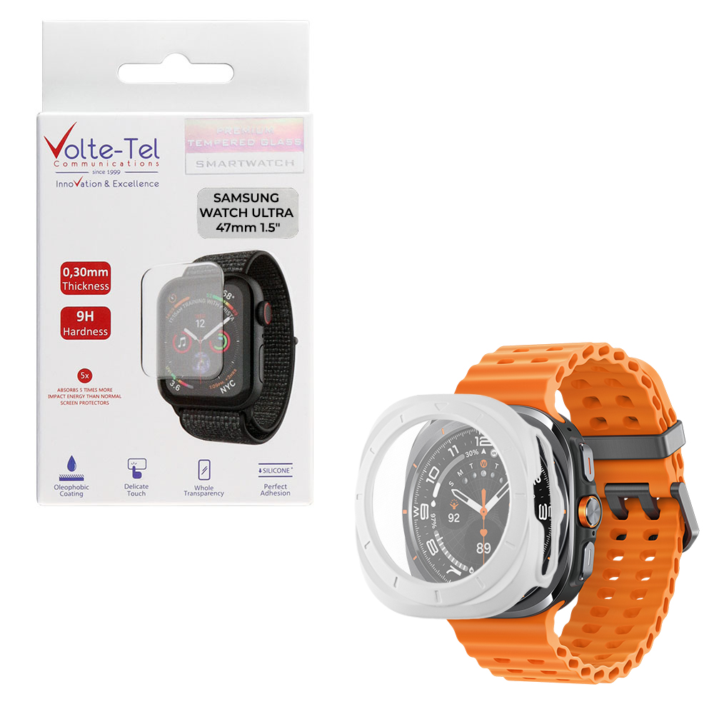 VOLTE-TEL TEMPERED GLASS SAMSUNG GALAXY WATCH ULTRA 47mm 1.5" 9H 0.30mm PC EDGE COVER WITH KEY 3D FULL GLUE FULL COVER WHITE