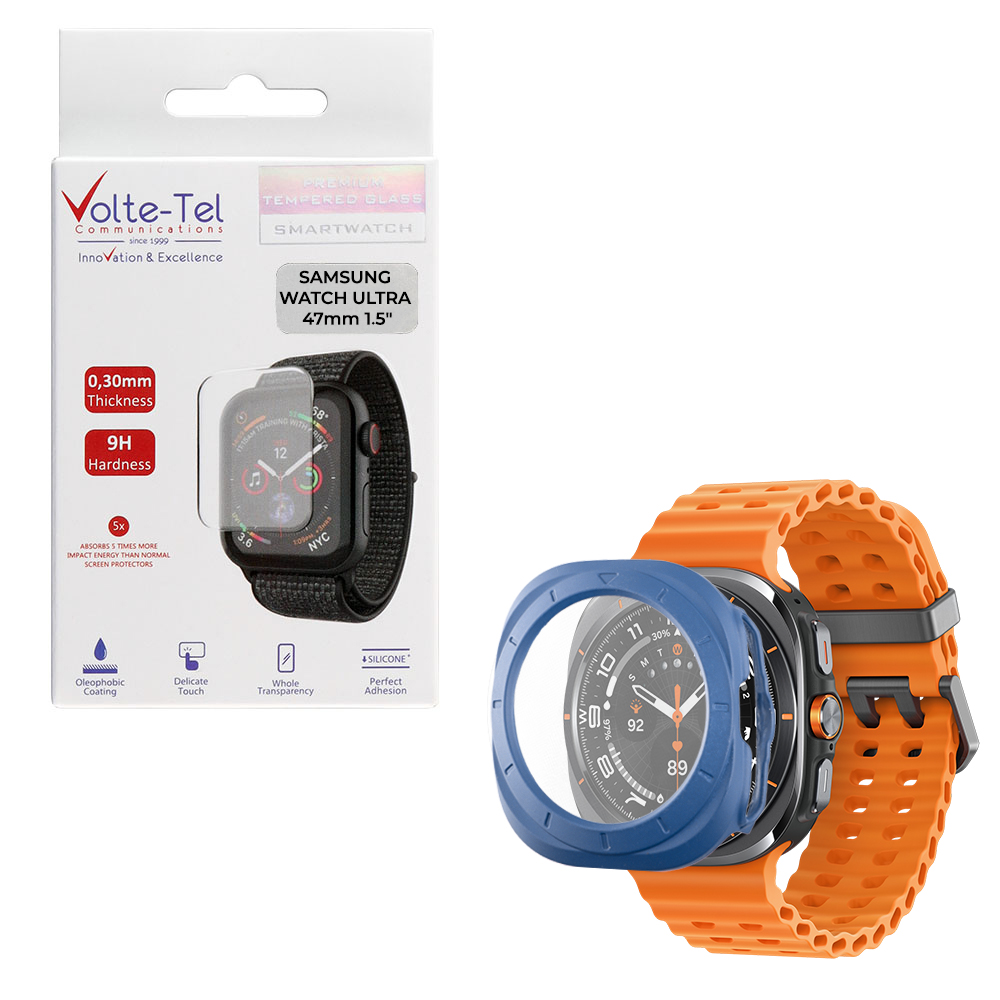 VOLTE-TEL TEMPERED GLASS SAMSUNG GALAXY WATCH ULTRA 47mm 1.5" 9H 0.30mm PC EDGE COVER WITH KEY 3D FULL GLUE FULL COVER MIDNIGHT