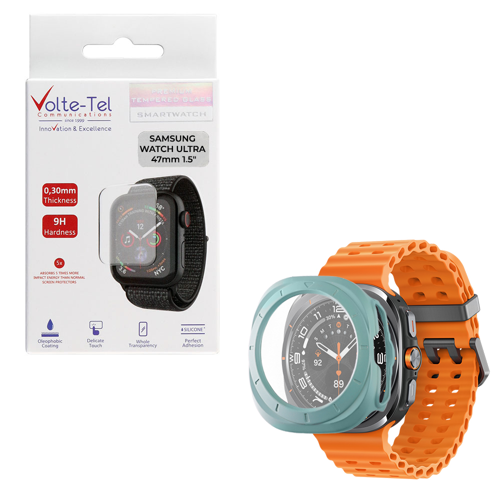 VOLTE-TEL TEMPERED GLASS SAMSUNG GALAXY WATCH ULTRA 47mm 1.5" 9H 0.30mm PC EDGE COVER WITH KEY 3D FULL GLUE FULL COVER GREEN