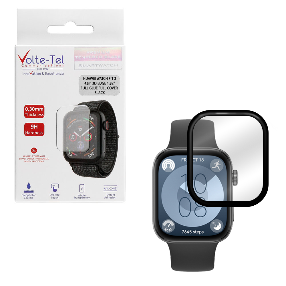 VOLTE-TEL TEMPERED PLEXI GLASS HUAWEI WATCH FIT 3 43mm 3D EDGE 1.82" 0.30mm FULL GLUE FULL COVER BLACK