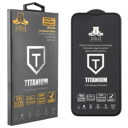 IDOL 1991 TEMPERED GLASS IPHONE 11 PRO MAX/XS MAX 6.5" 9H 0.25mm TITANIUM SEMI CURVED FULL GLUE BLACK