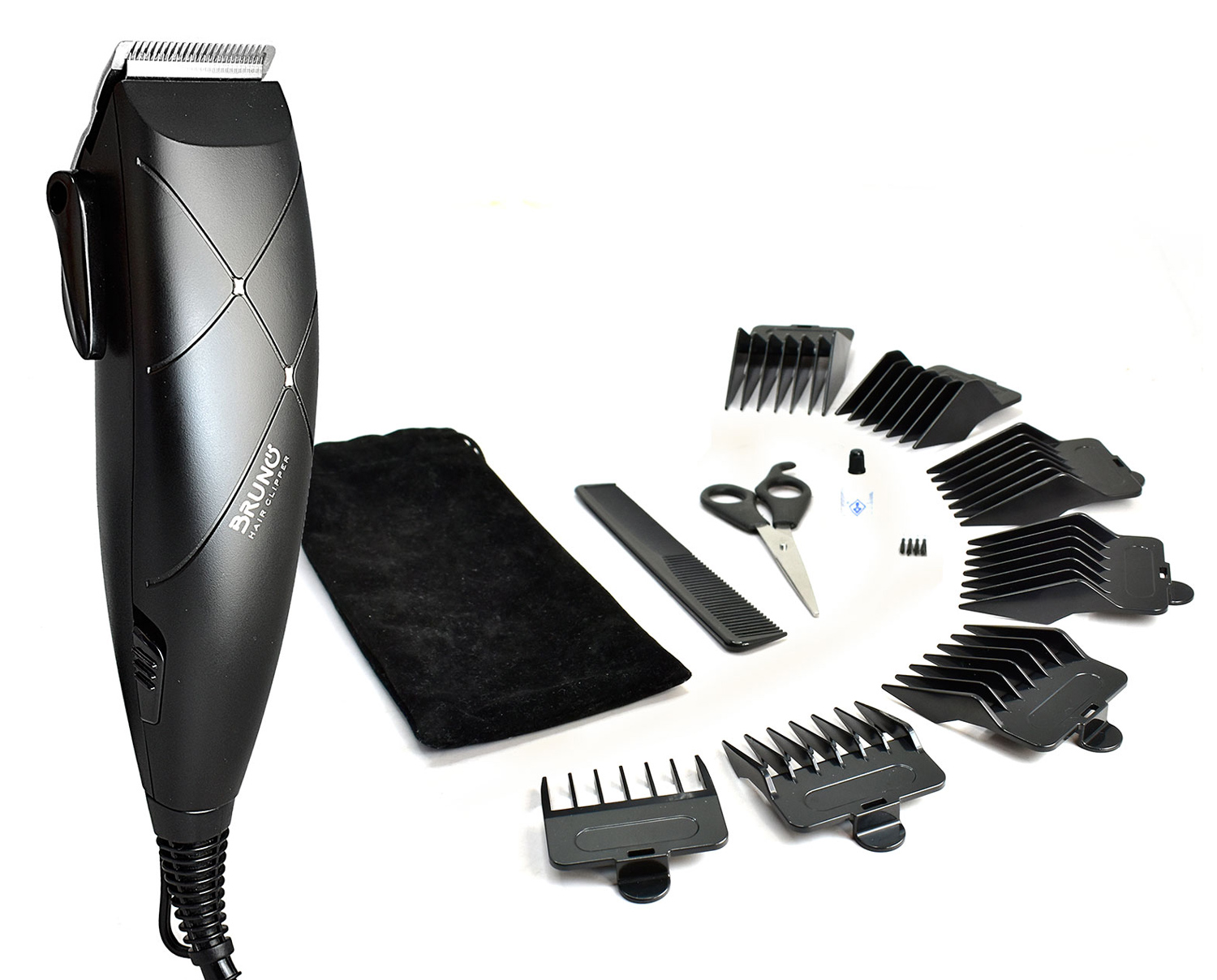 BRUNO BRN-0197 Σετ Κουρευτική Μηχανή Ρεύματος με εξαρτήματα και τσαντάκι, μαύρη