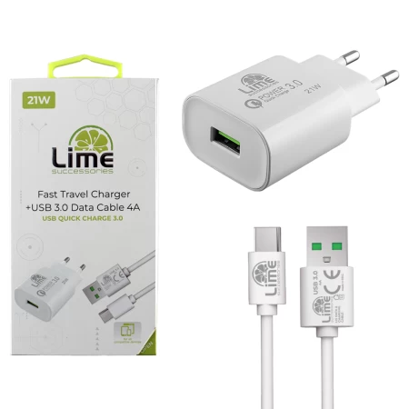 LIME USB 3.0 PD FAST TRAVEL QC 3.0 LTU25 21W 4000mA + ΚΑΛΩΔΙΟ ΦΟΡΤΙΣΗΣ-DATA L15 TYPE C WHITE
