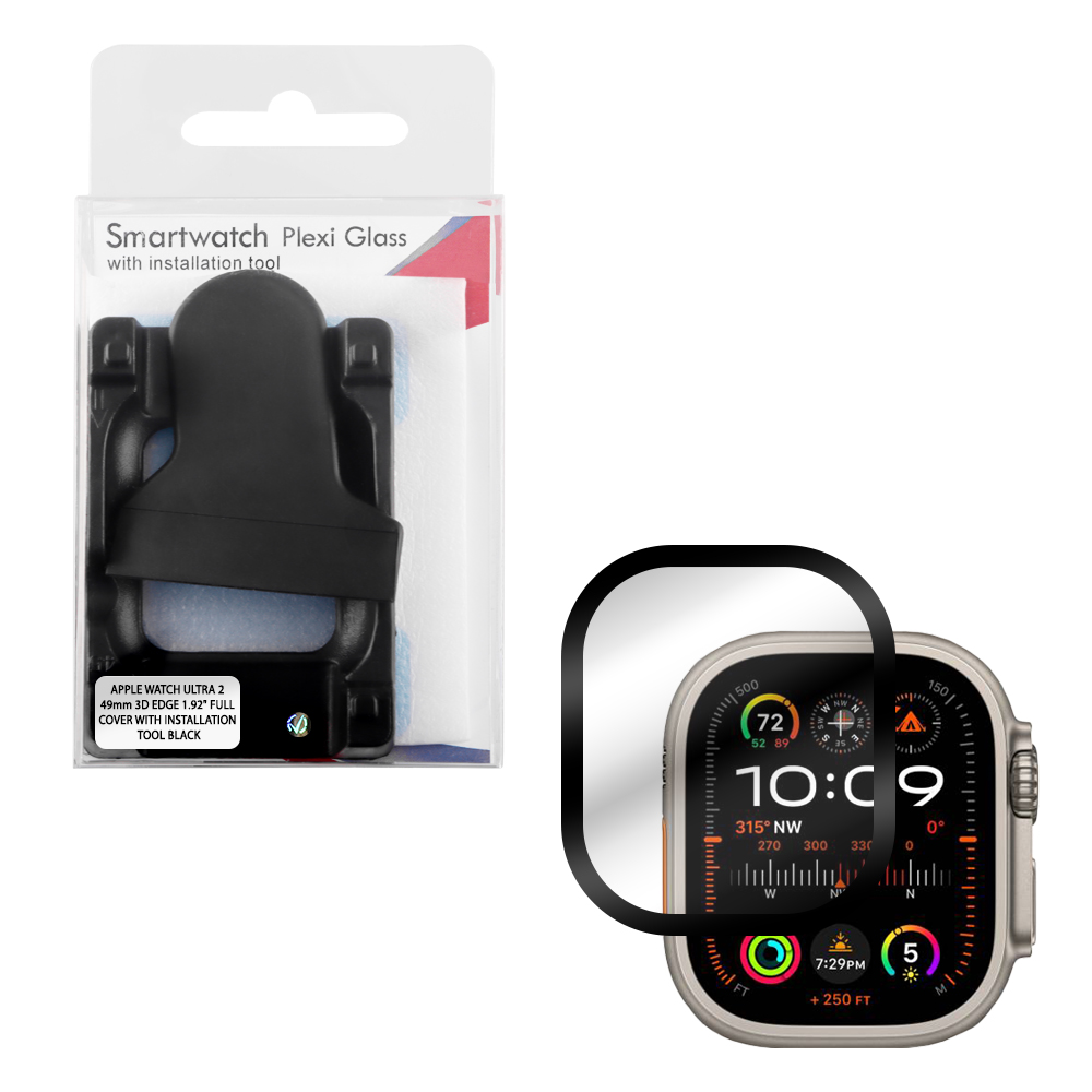 VOLTE-TEL TEMPERED PLEXI GLASS APPLE WATCH ULTRA 2 49mm 3D EDGE 1.92" 0.30mm FULL COVER WITH INSTALLATION TOOL BLACK