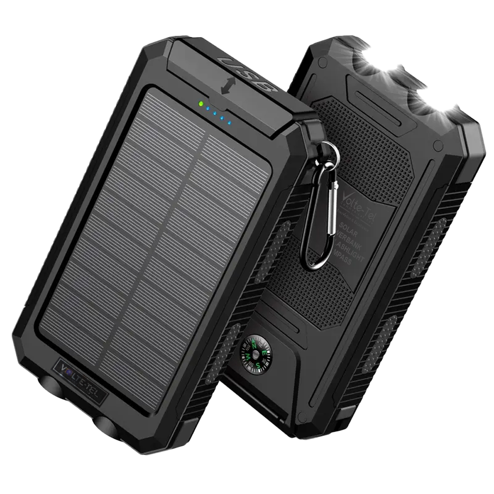 SOLAR POWER BANK 8000mAh IP64 WITH FLASHLIGHT AND COMPASS OUTPUT USB1 5V-2A/ USB2 5V-2A MAX 2.1A INPUT MICRO USB 5V-2A BLACK