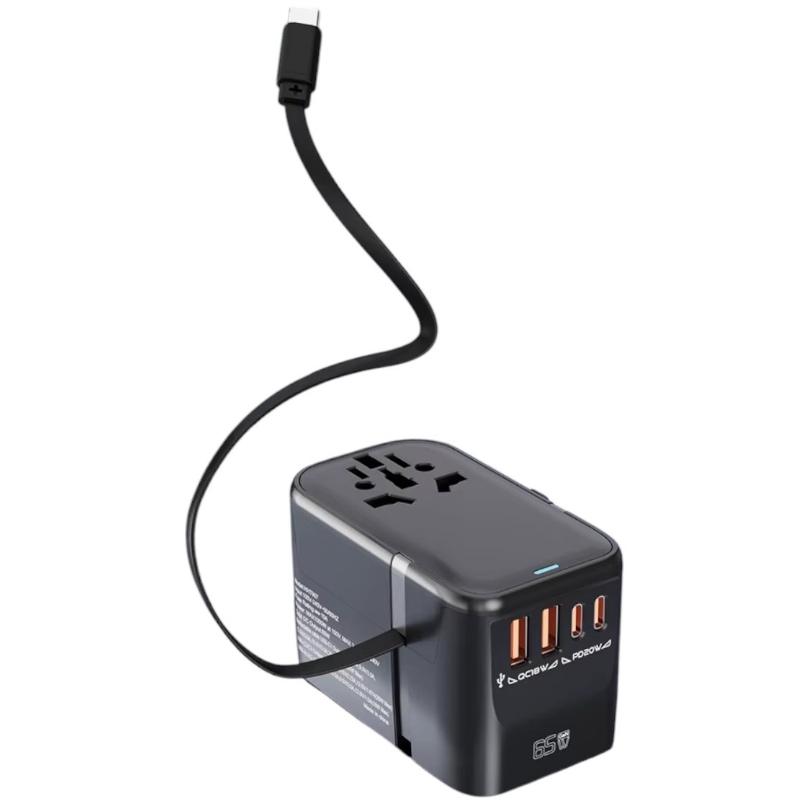 RRtravel HHT907 65W GAN Αντάπτορας Πρίζας από Universal σε Universal με 4 Θύρες (Καλώδιο Type-C/ 2xUSB / 2xType-C) USA EU UK AU US (Black)