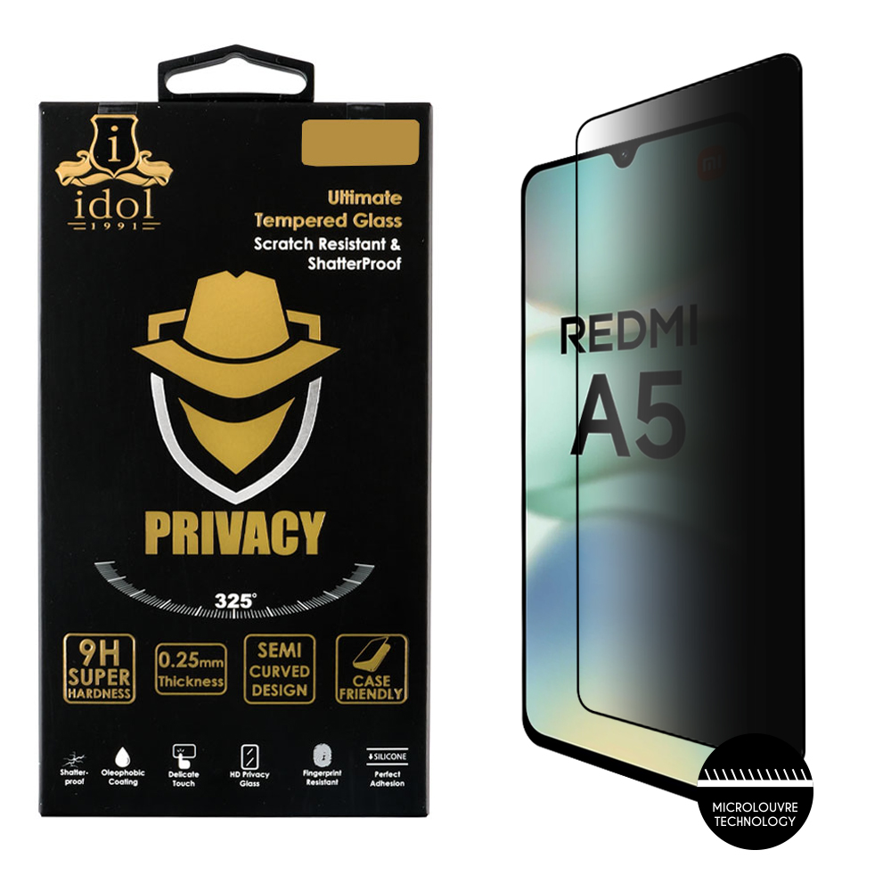 IDOL 1991 TEMPERED GLASS XIAOMI REDMI A5 4G 6.88" 9H 0.25mm PRIVACY ANTISPY SEMI CURVED FULL GLUE BLACK