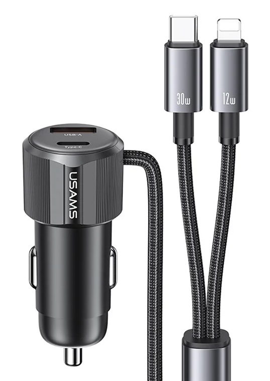 USAMS φορτιστής αυτοκινήτου CC287 με 2 σε 1 καλώδιο, USB/USB-C θύρες, 66W, μαύρος