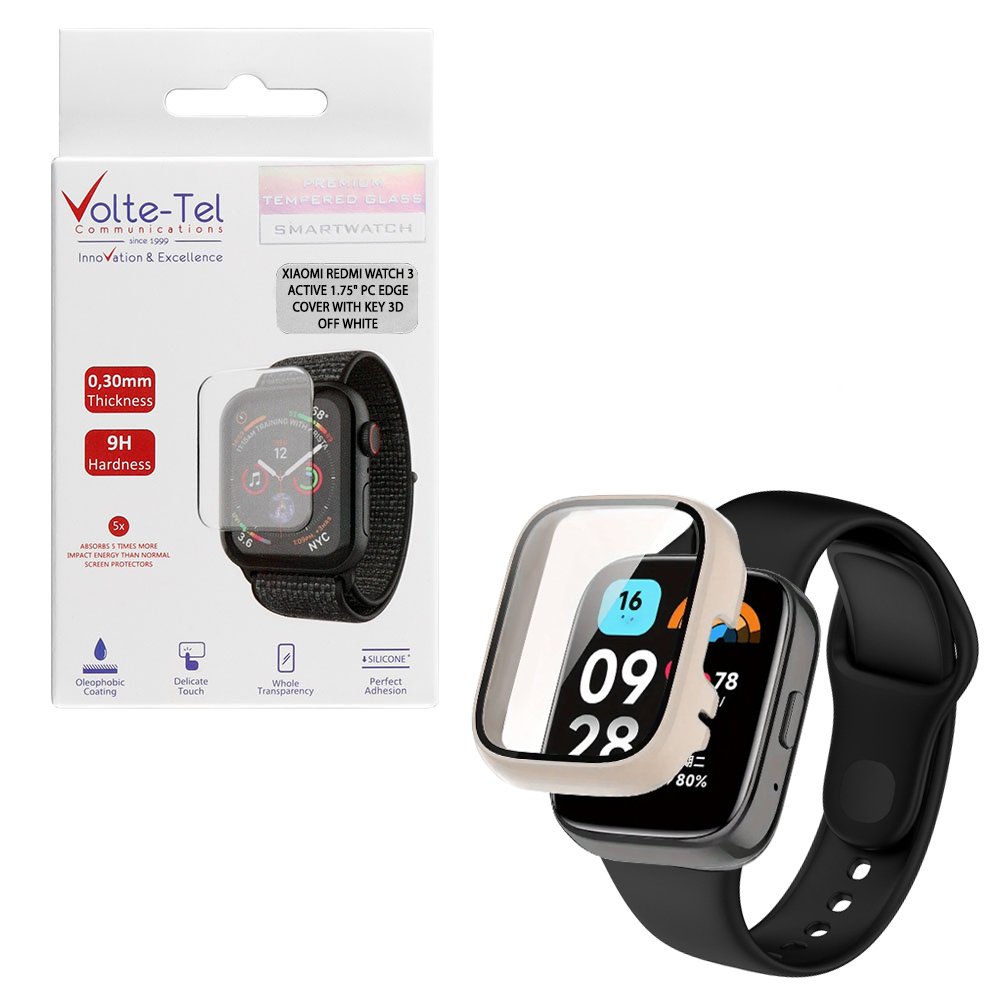 VOLTE-TEL TEMPERED GLASS XIAOMI REDMI WATCH 3 ACTIVE 1.75" 9H 0.30mm PC EDGE COVER WITH KEY 3D FULL GLUE FULL COVER OFF WHITE