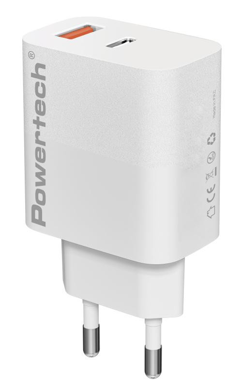 POWERTECH φορτιστής τοίχου PT-1437, USB/USB-C, 20W, GaN, λευκός