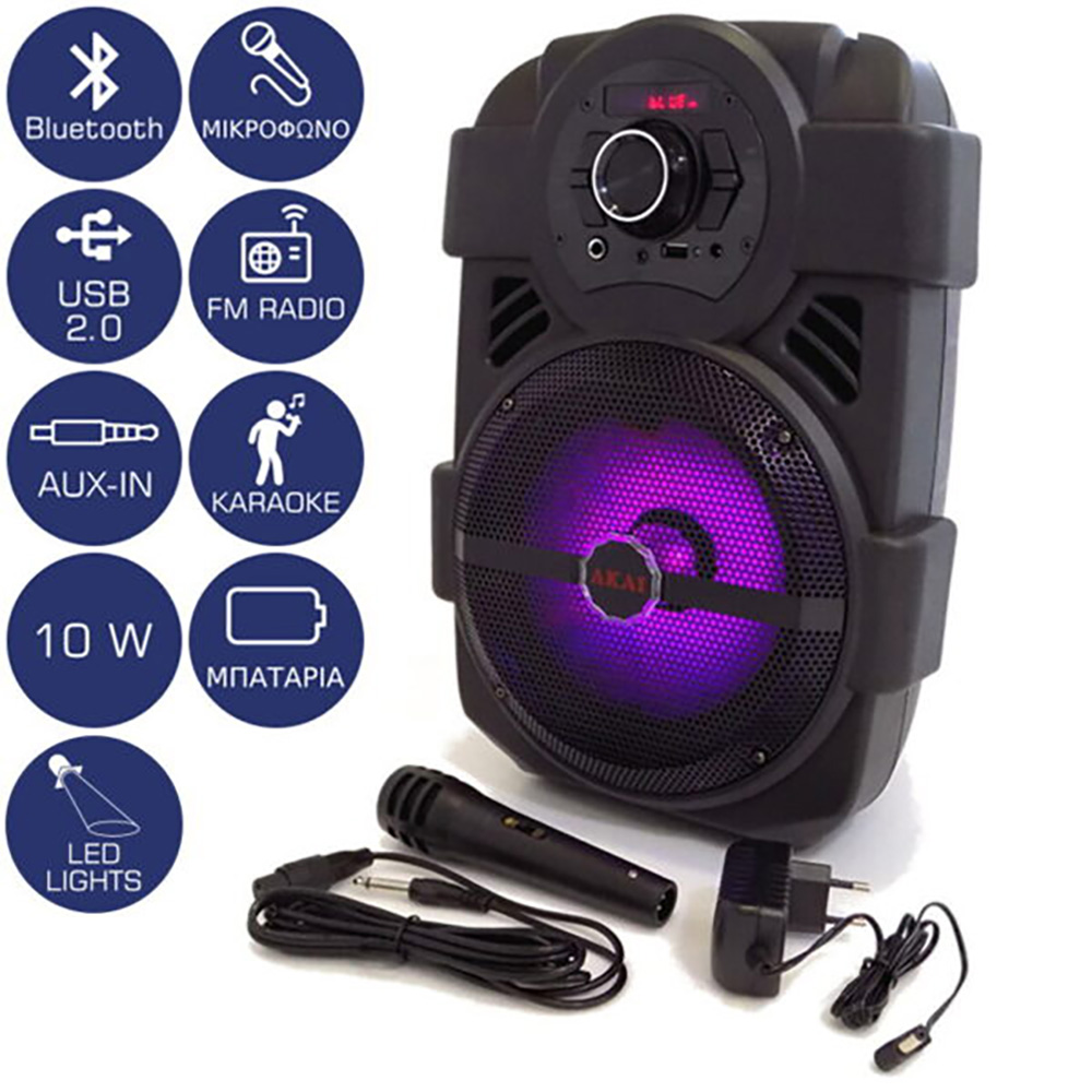 AKAI ABTS-808L PARTY SPEAKER ΦΟΡΗΤΟ ΗΧΕΙΟ BLUETOOTH ΜΕ LED, USB, AUX-IN ΚΑΙ ΜΙΚΡΟΦΩΝΟ 10W ΓΙΑ ΚΑΡΑΟΚΕ