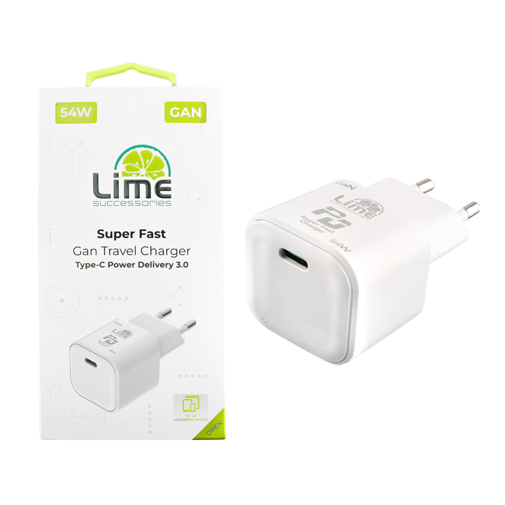 LIME TYPE C GAN PD 3.0 SUPER FAST TRAVEL LTC54W 54W 5V 4.0A/9V 4.0A/ 12V 3.5A/ 15V 3.33A/ 20V 2.7A WHITE