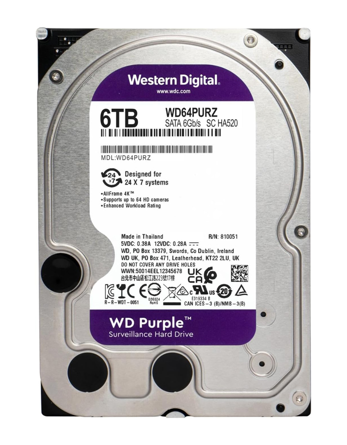WD σκληρός δίσκος 3.5" Purple Surveillance 6TB, 256MB, 5400RPM, SATA III