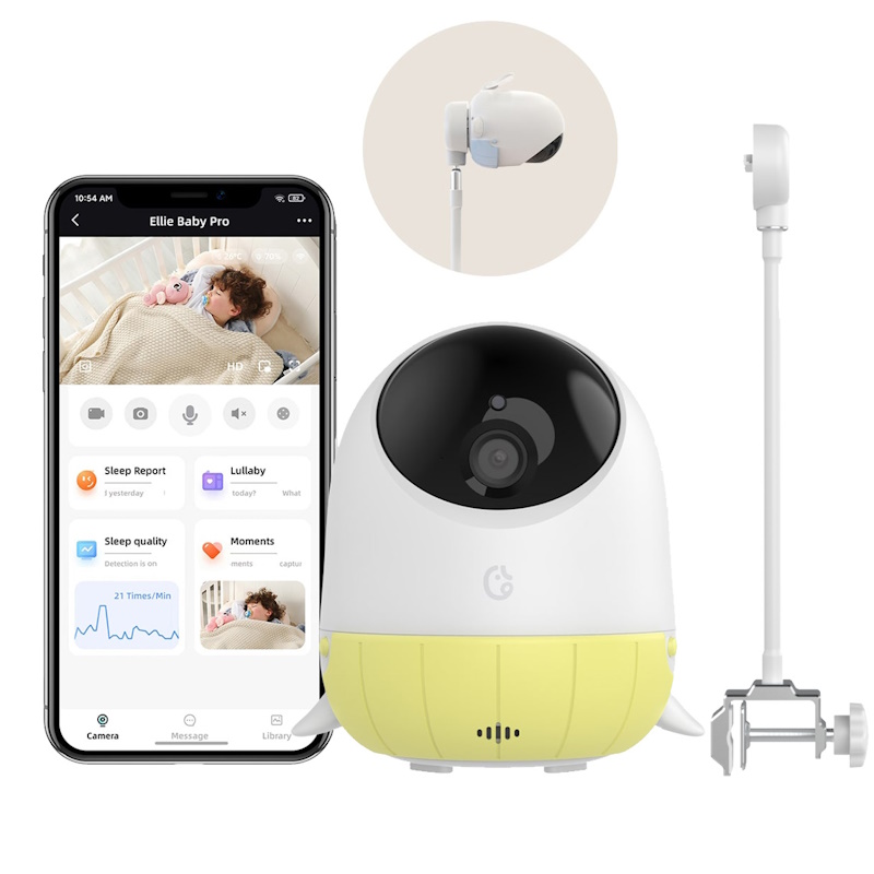 Ellie Baby Pro Ασύρματη WiFi Ενδοεπικοινωνία Μωρού με Κάμερα - Αμφίδρομη Επικοινωνία, AI Ανίχνευση Κλάματος & Νανουρίσματα (Yellow)