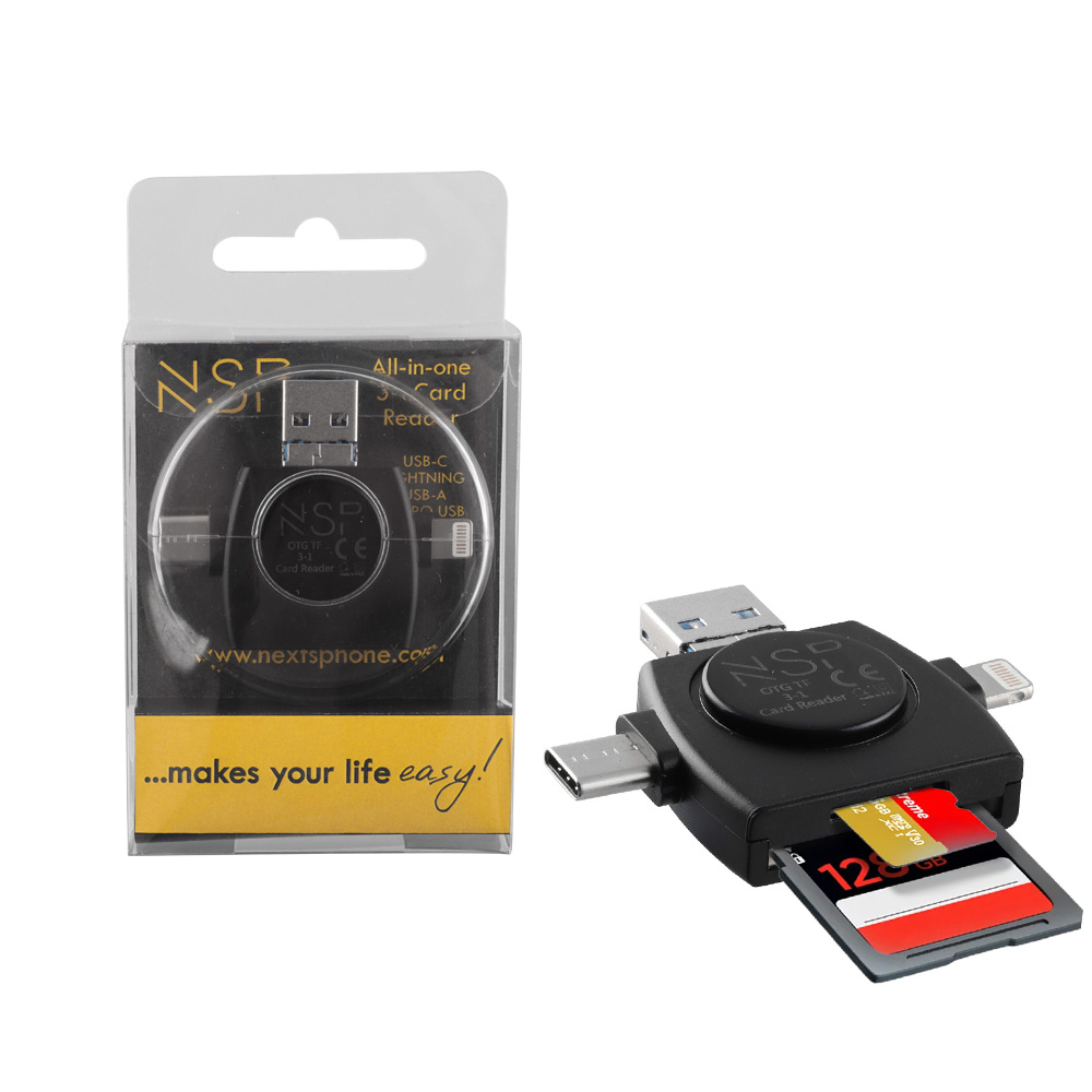 NSP N35 3 IN 1 SD CARD READER USB-A/MICRO USB/TYPE C & LIGHTNING BLACK