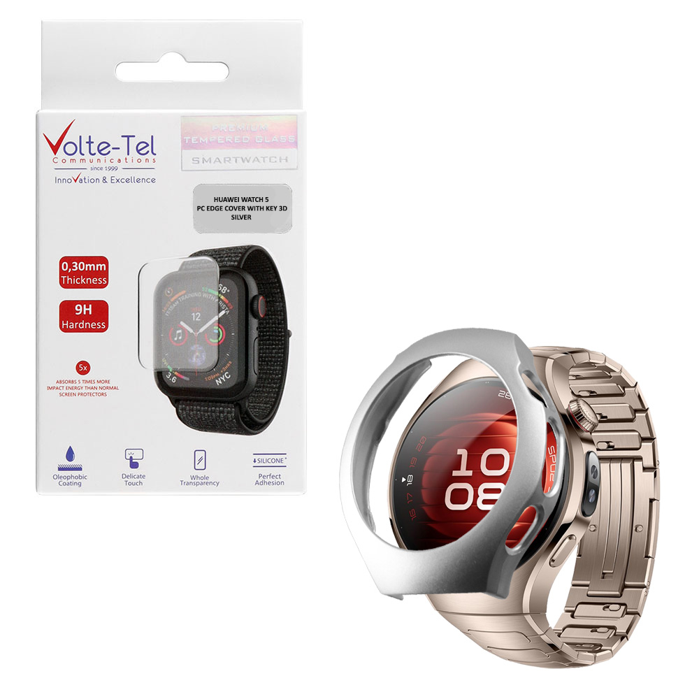 VOLTE-TEL TEMPERED GLASS HUAWEI WATCH 5 42mm 1.38" 9H 0.30mm PC EDGE COVER WITH KEY 3D FULL GLUE FULL COVER SILVER