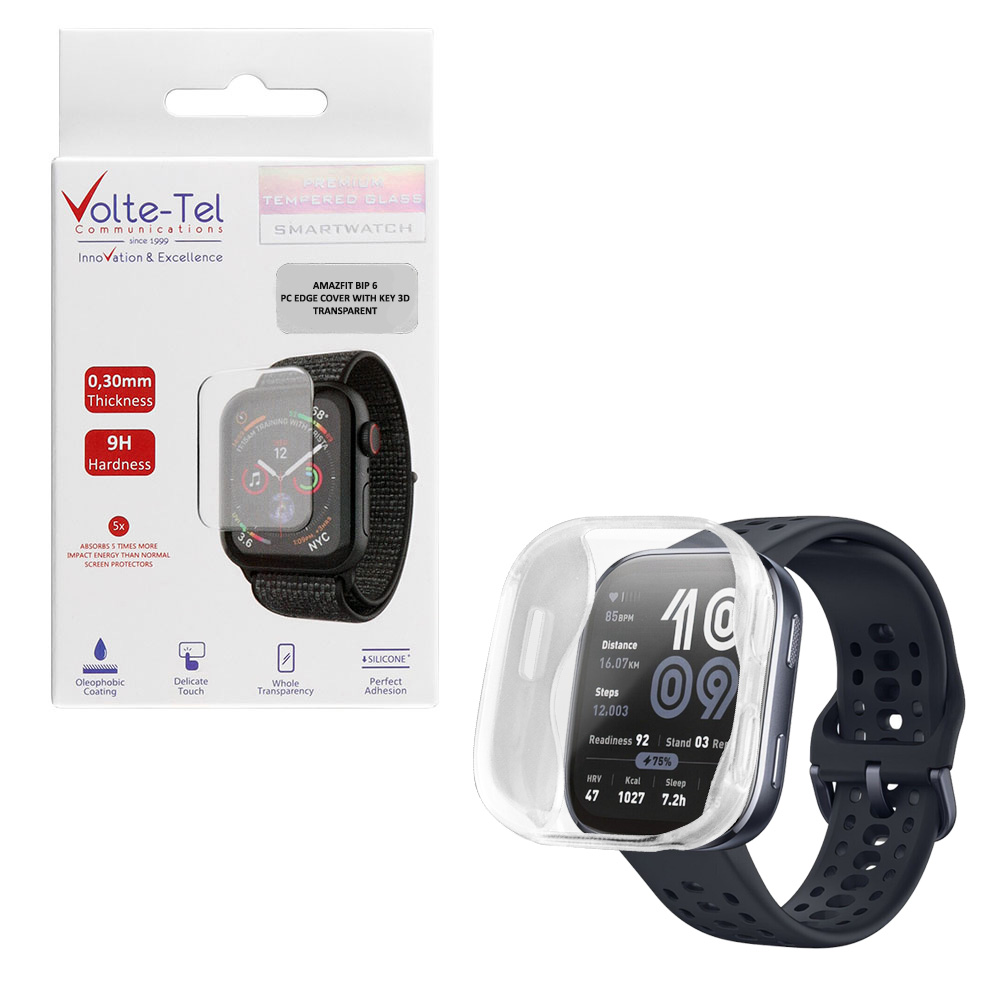 VOLTE-TEL TEMPERED GLASS AMAZFIT BIP 6 46mm 1.97" 9H 0.30mm PC EDGE COVER WITH KEY 3D FULL GLUE FULL COVER TRANSPARENT