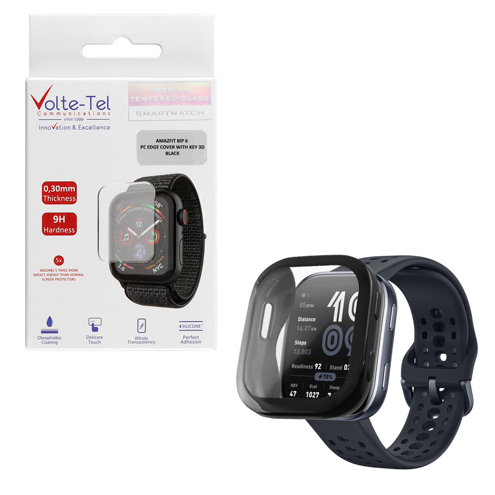 VOLTE-TEL TEMPERED GLASS AMAZFIT BIP 6 46mm 1.97" 9H 0.30mm PC EDGE COVER WITH KEY 3D FULL GLUE FULL COVER BLACK