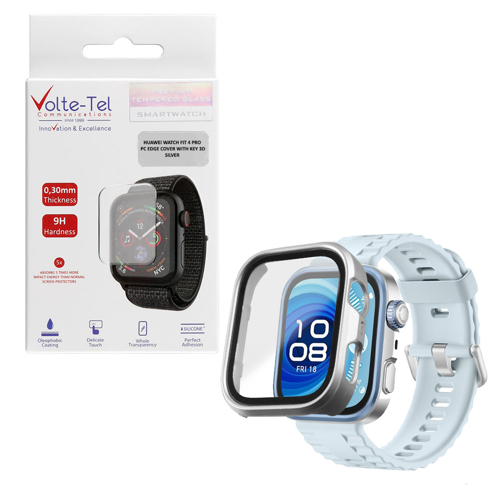 VOLTE-TEL TEMPERED GLASS HUAWEI WATCH FIT 4 PRO 45mm 1.82" 9H 0.30mm PC EDGE COVER WITH KEY 3D FULL GLUE FULL COVER SILVER
