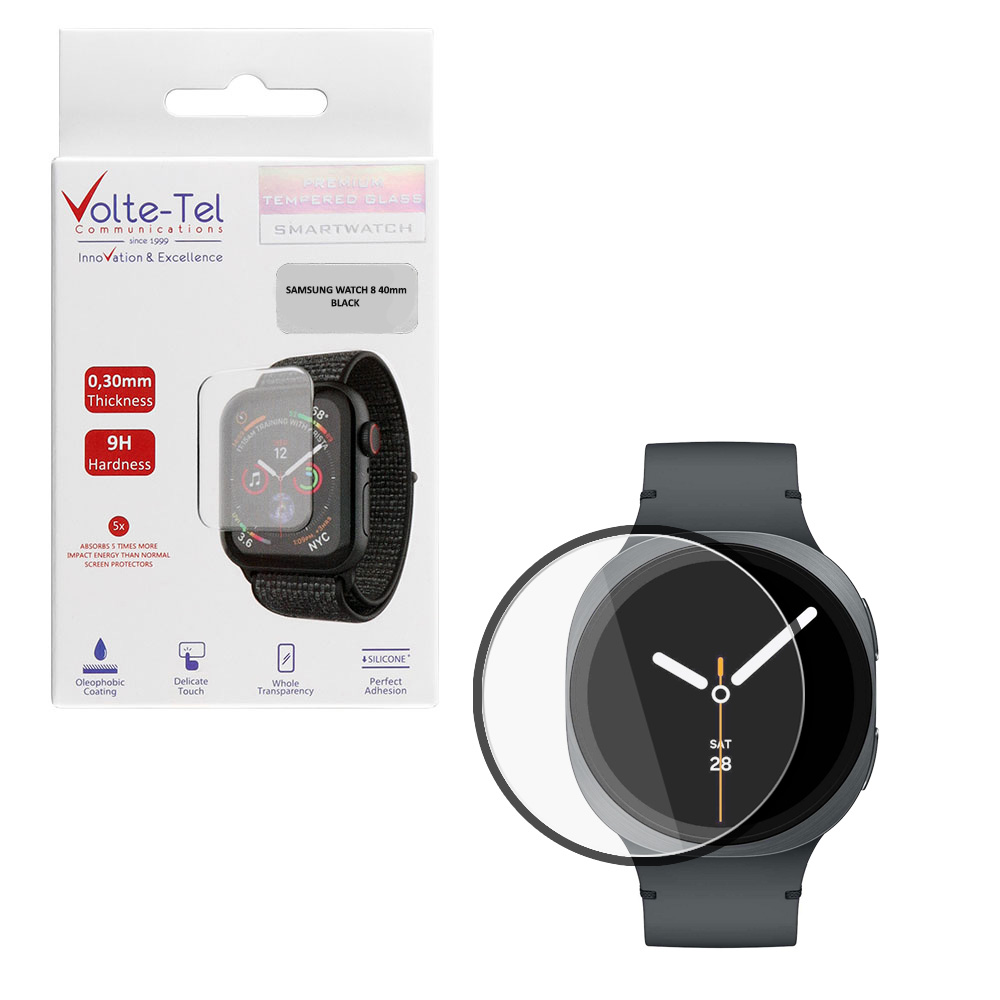 VOLTE-TEL TEMPERED PLEXI GLASS SAMSUNG WATCH 8 40mm 1.47" 0.30mm FULL GLUE FULL COVER BLACK