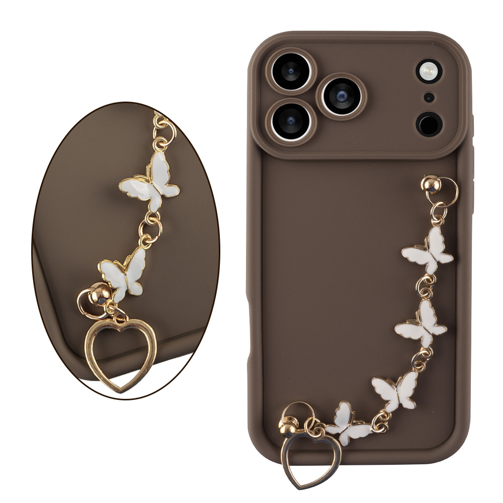 VOLTE-TEL ΘΗΚΗ IPHONE 17 PRO MAX 6.9" SILICON TPU WITH STRAP FULL CAMERA PROTECTION BROWN WITH WHITE BUTTERFLIES