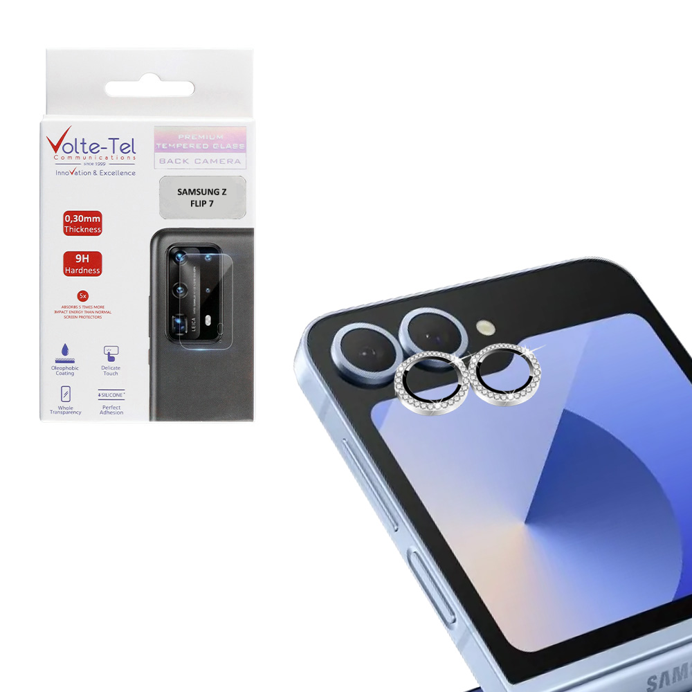 VOLTE-TEL CAMERA GLASS COVER SAMSUNG Z FLIP 7 5G F766 6.9" 9H 0.33MM EASY APPLICATION WITH STRASS SILVER